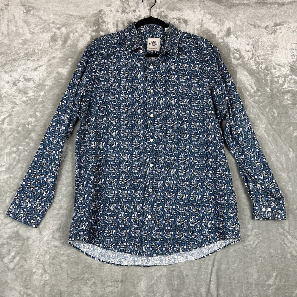 Ben Sherman Button Front Shirt Men's 16 1/2 Blue Green White Ditsy Floral Cotton